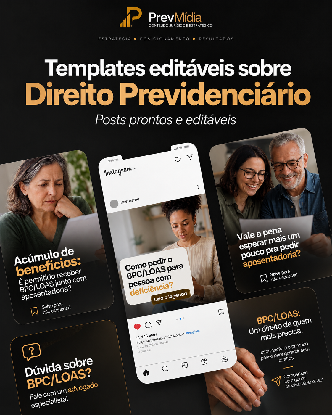 Prévia do pacote de artes: posts editáveis sobre Direito Previdenciário e BPC